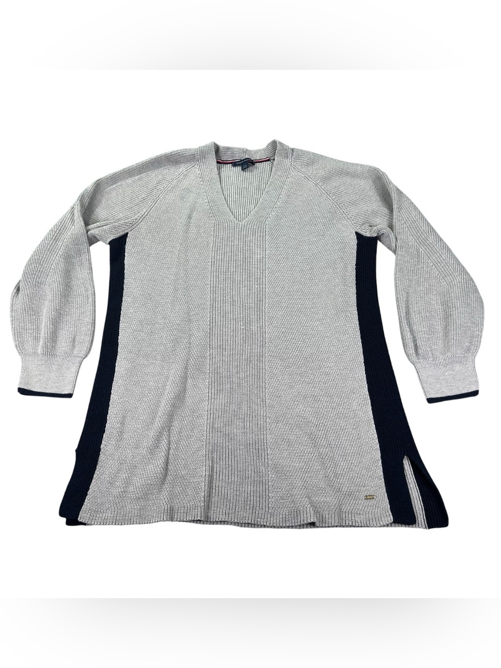 Tommy Hilfiger Colorblock Tunic Sweater Women’s L Gray Navy Longline V-Neck